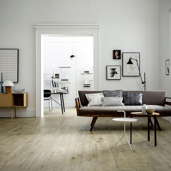 Bright living room with timber-planked concrete flooring