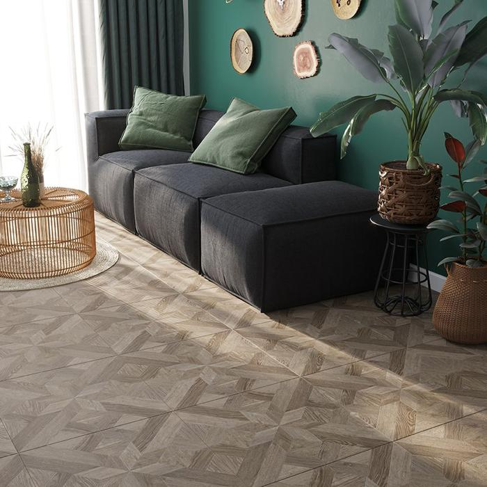 Modern living room with patterned parquet flooring