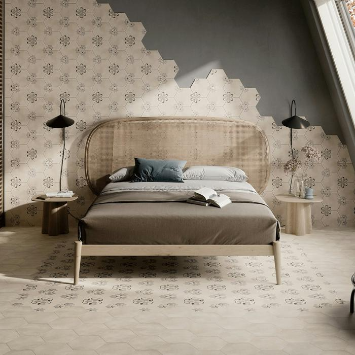 Subtle floral tiles in modern bedroom