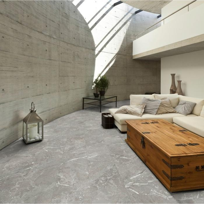 Modern living room with grey concrete slate