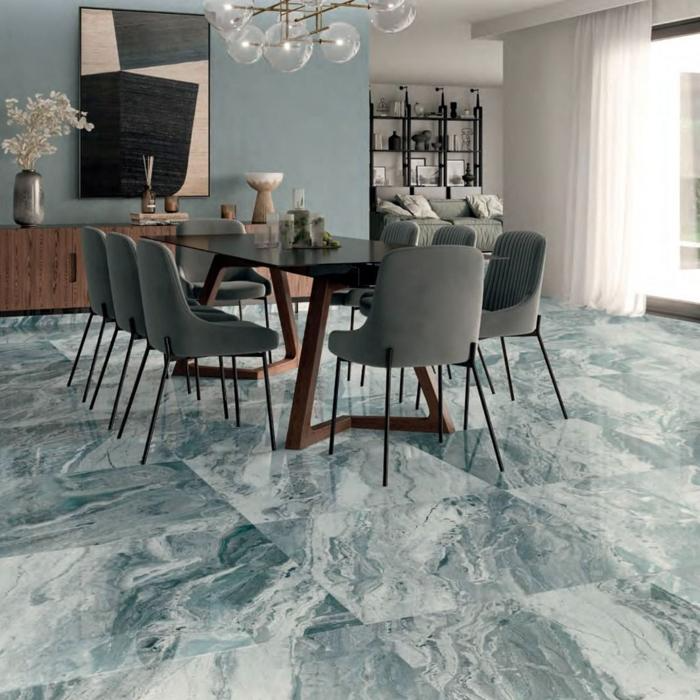 Elegant dining setup with marble flooring