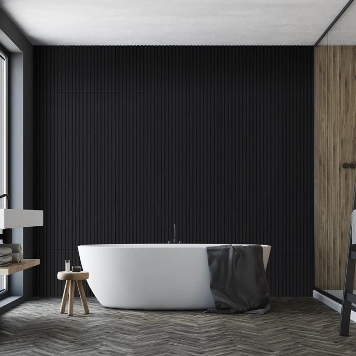 Black and natural wood wall panels in a bathroom