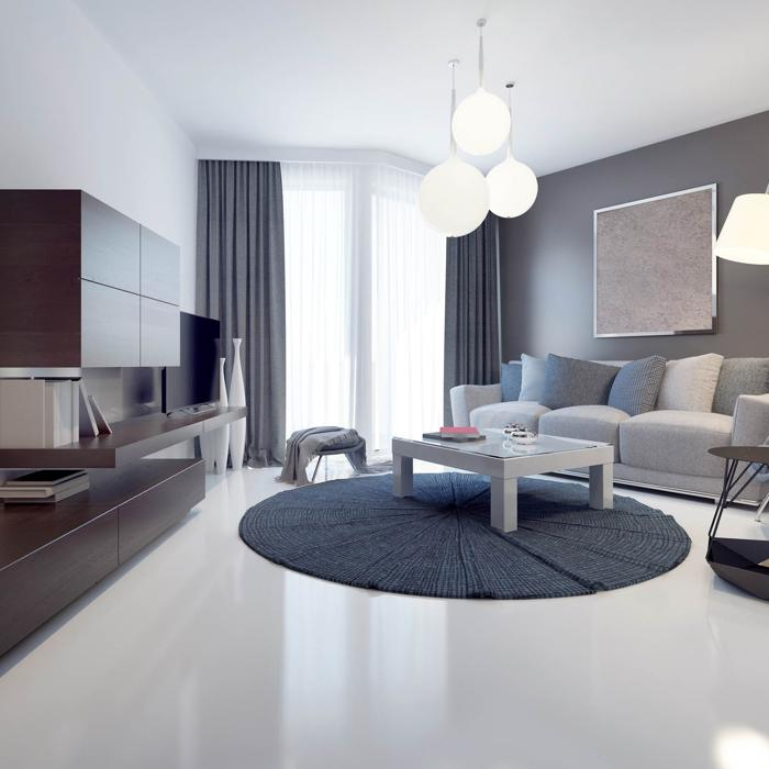 Contemporary living room with white polished concrete floor