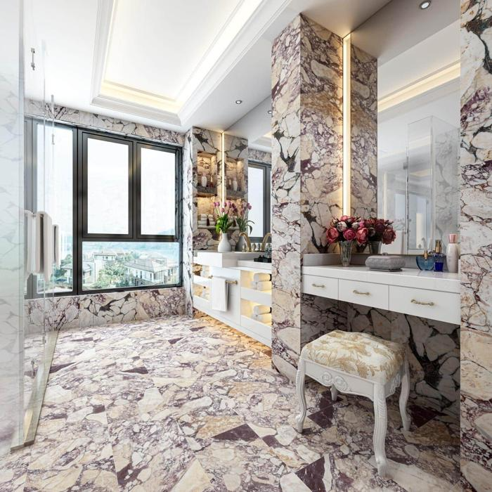 Luxurious bathroom with colourful marble tiles