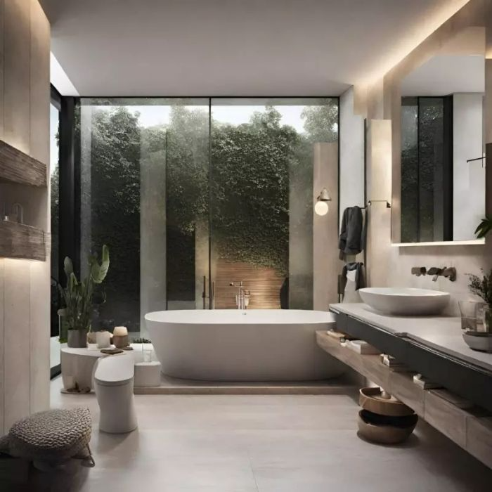 Freestanding bathtub near large windows in neutral bathroom