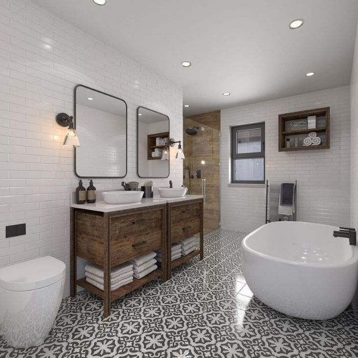 Patterned floor tiles in modern family bathroom with double vanity