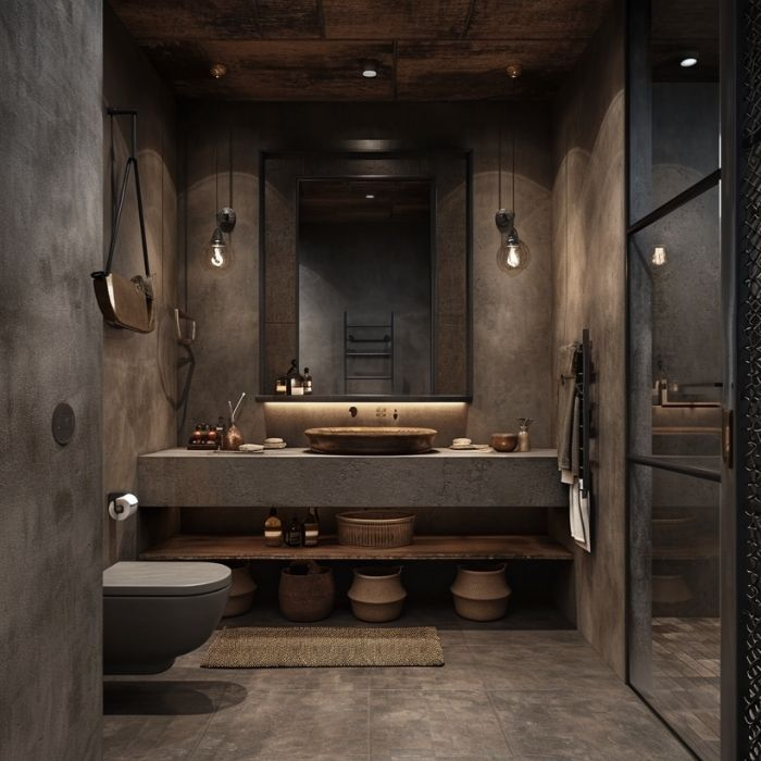 Rustic bathroom with stone-look walls and a large mirror