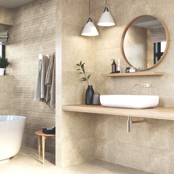 Beige textured tiles in a modern bathroom