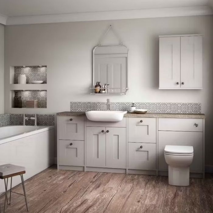 Grey cabinets with patterned tiles and wood-effect flooring