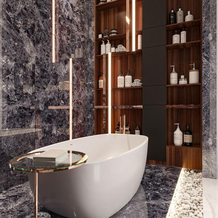 Luxurious bathroom with dark marble tiles