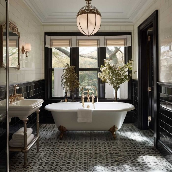 Black and white Victorian bathroom with patterned floor tiles