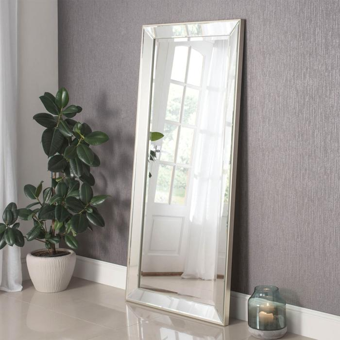 Mirror with silver frame standing next to a potted plant