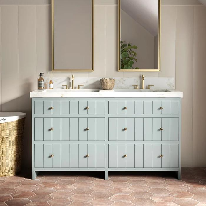 Double vanity bathroom lined with dark hexagon terracotta tiles