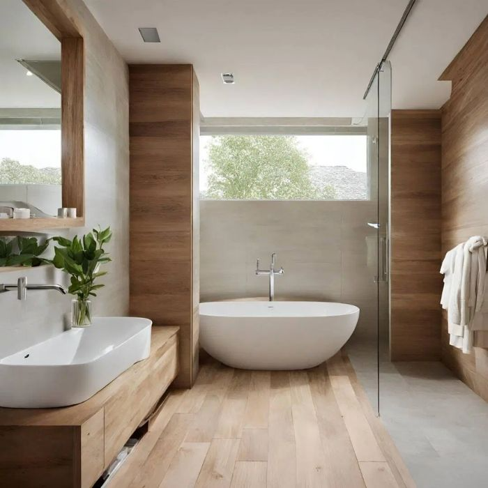 Spa-like bathroom with wood panelling and a freestanding bathtub