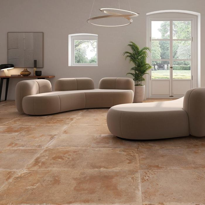 Wide terracotta tiles in a modern living room