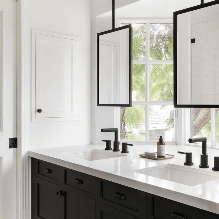 Dual sink vanity with large windows and hanging mirrors