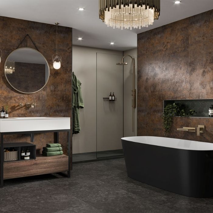 Luxurious bathroom with dark walls and black freestanding bath