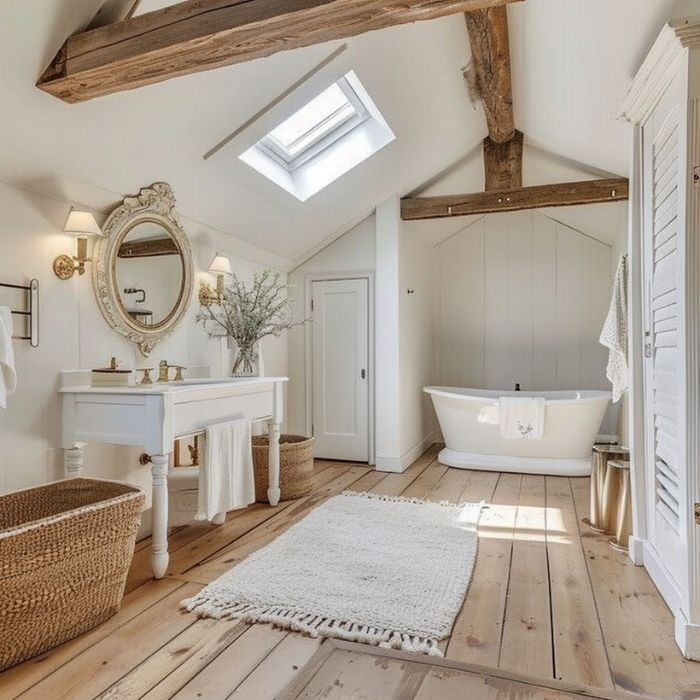 Spacious bathroom with exposed beams and freestanding tub