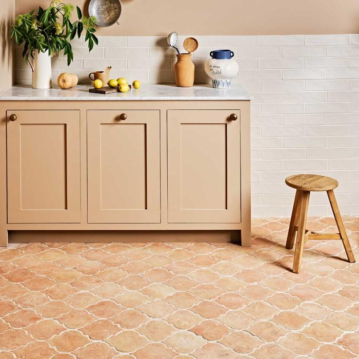 Patterned terracotta tiles in a quaint kitchen