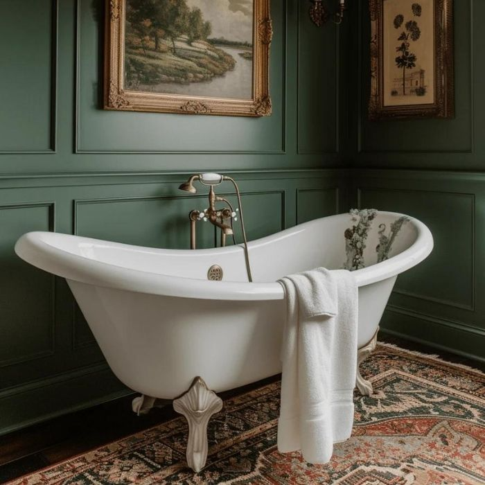 White clawfoot bath against green panelled walls