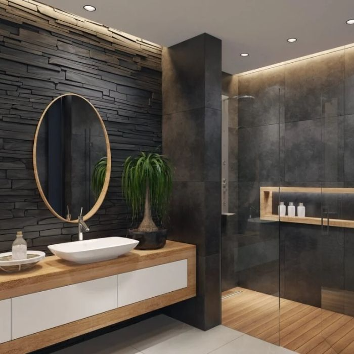 Dark textured wall with wooden vanity in stylish bathroom