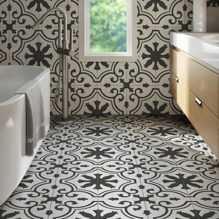 Modern bathroom featuring intricate monochrome patterned tiles