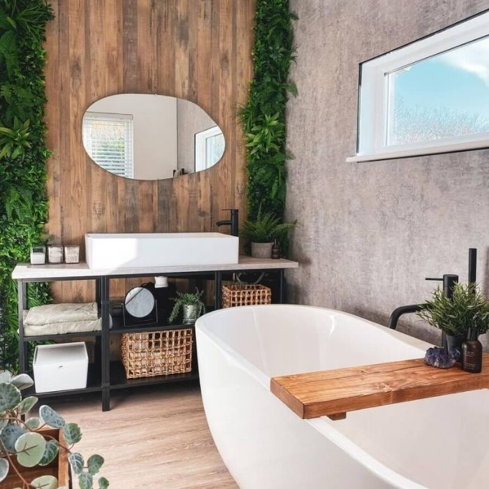 Bathroom with wood feature wall and greenery accents