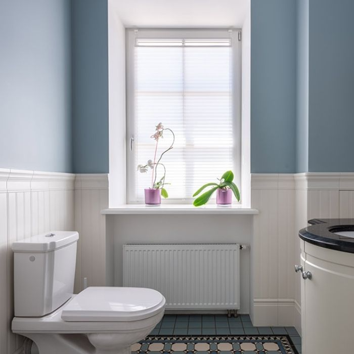 Pale blue painted walls with white wainscoting and mosaic floor tiles