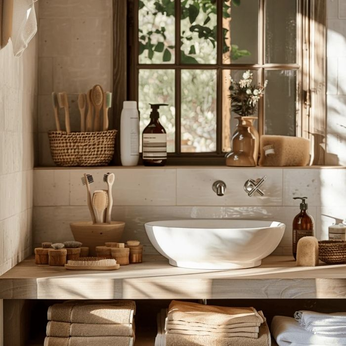 Wooden vanity with white wall tiles and natural accents