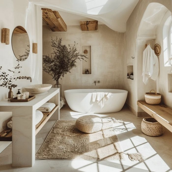 Creamy textured walls and large soaking tub in bathroom