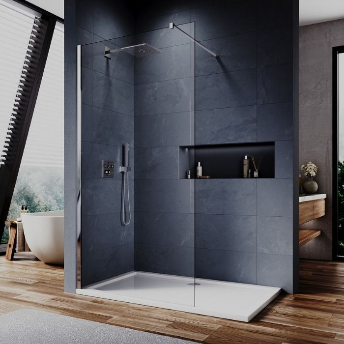 Dark matte tiles with a white raised shower tray