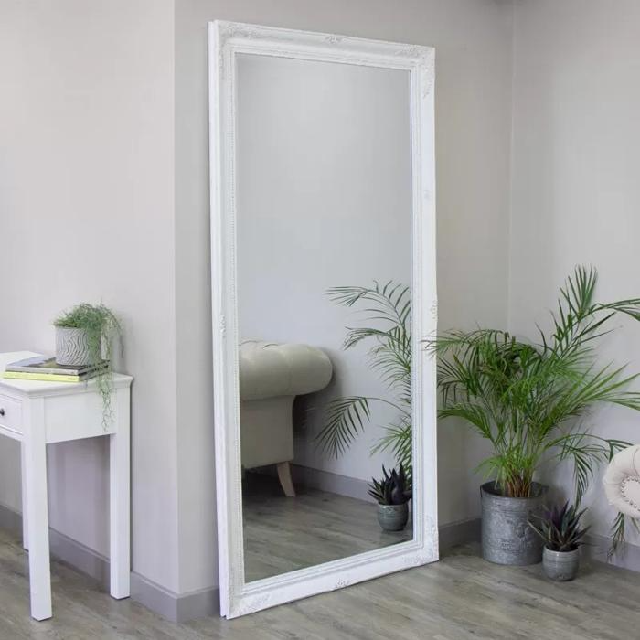 Large white framed mirror with plants