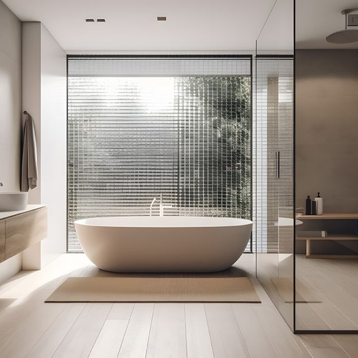 Minimalist bathroom with floor-to-ceiling frosted window