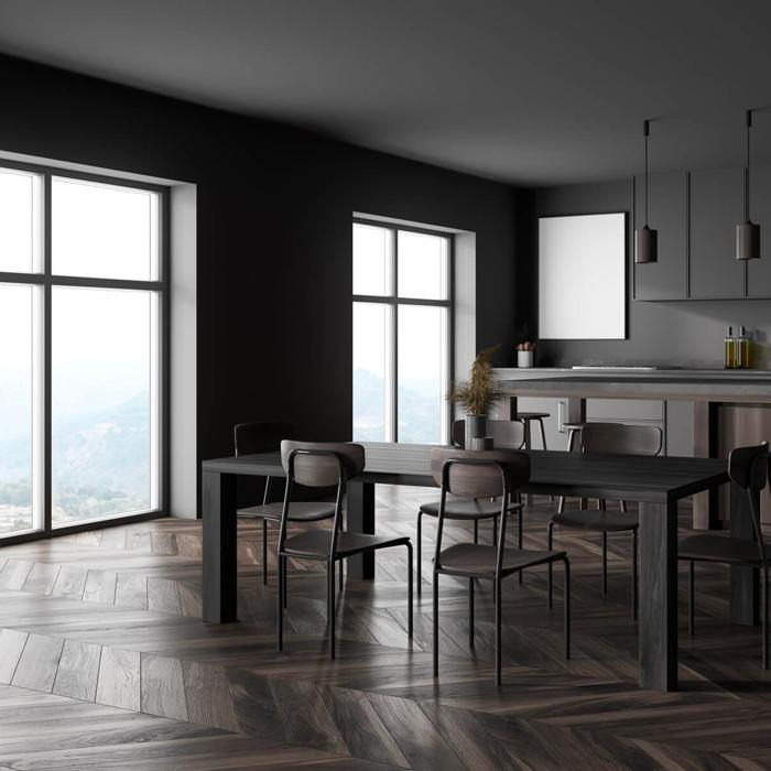 Modern dining room with dark solid oak flooring