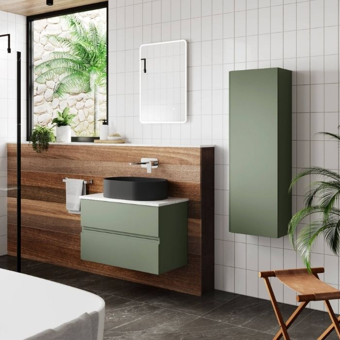 Minimalist bathroom with wooden accents and white tiles