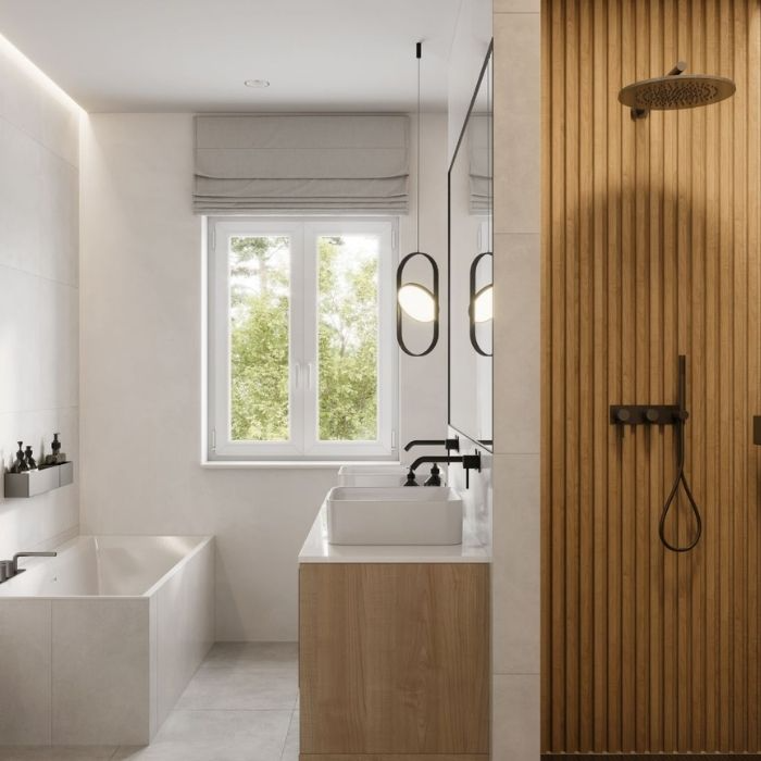 Wooden slatted shower wall and white tiles in bathroom