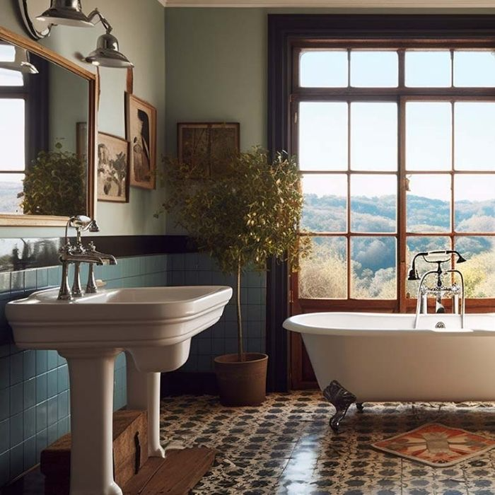 Blue and white patterned floor tiles in Victorian bathroom