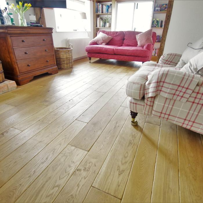 Traditional living room with wide plank solid oak flooring