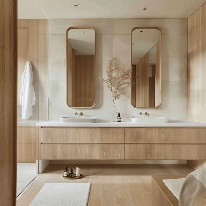 Light wood vanity and mirrors with warm tones in bathroom