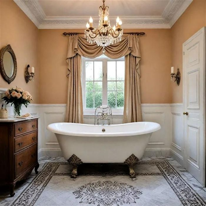 White clawfoot bath with chandelier and ornate floor tiles