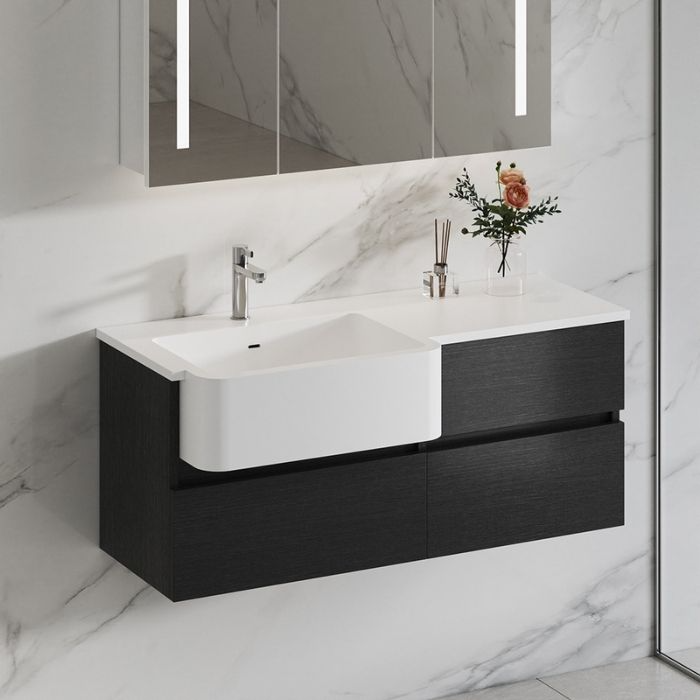 Modern white sink with black vanity and marble wall