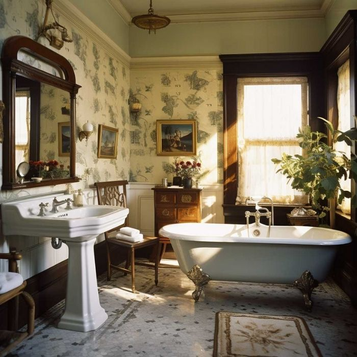 Victorian bathroom with floral wallpaper and white clawfoot bath