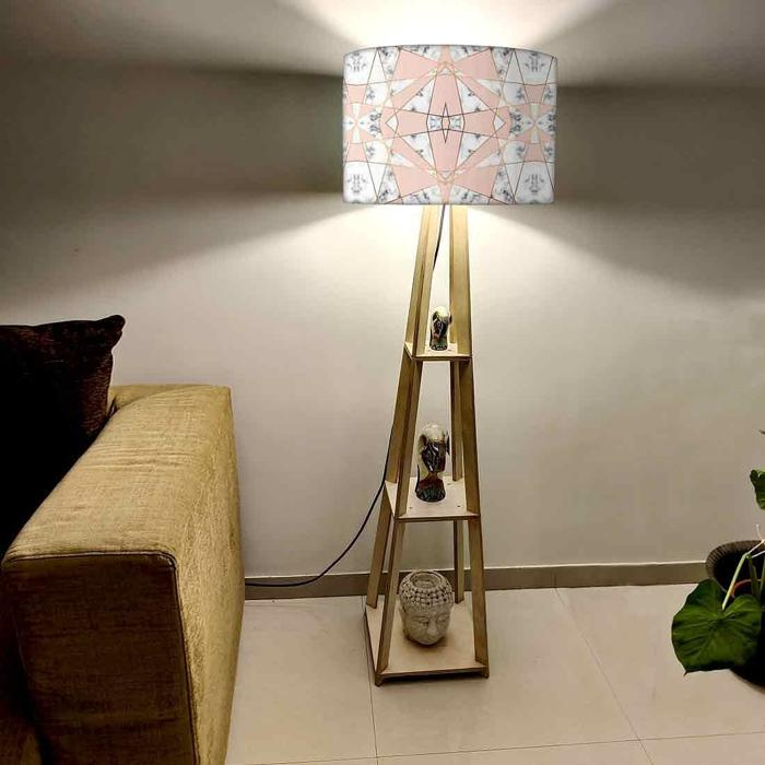 Floor lamp with patterned shade and wooden shelf base