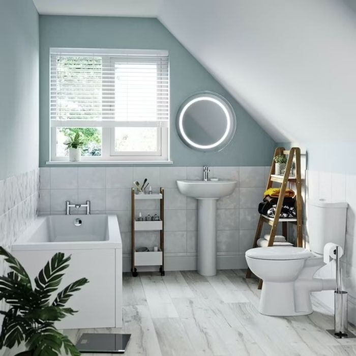 White tiles and wood accents in a modern bathroom