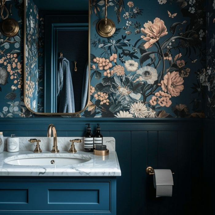 Dark floral wallpaper with a white marble sink