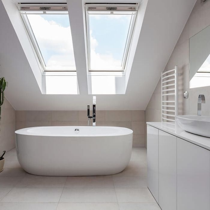 Bathroom with skylight windows above freestanding bath