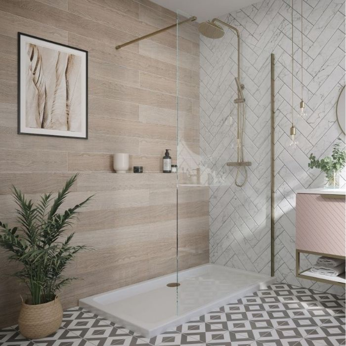 Mix of wood and herringbone tiles in a bathroom shower