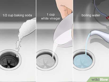 Baking soda, vinegar, boiling water cleaning bathroom drain method.