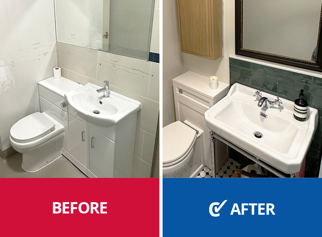 Bathroom transformation: modern fixtures and refreshed design enhance space.