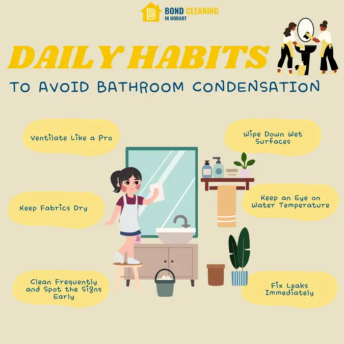 Daily habits to prevent bathroom condensation illustrated with tips.